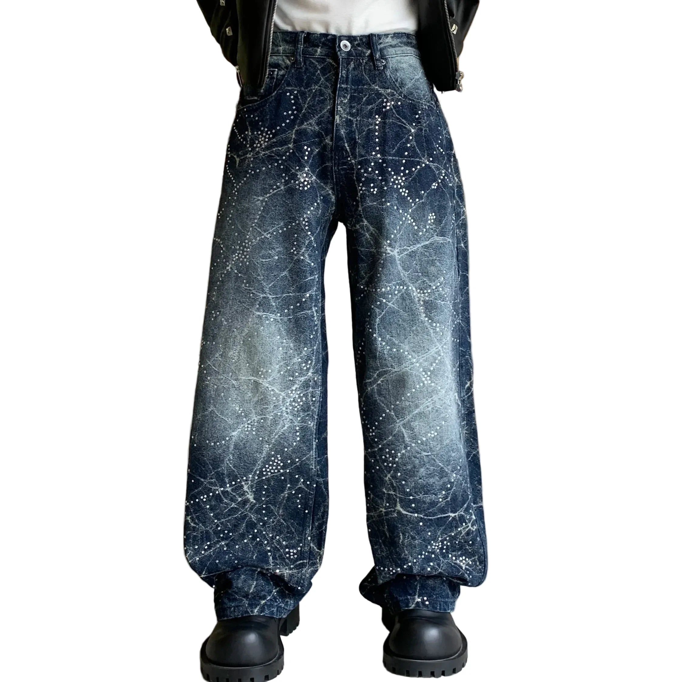 Blue Lightning Wash w/ Rhinestones Baggy Jeans