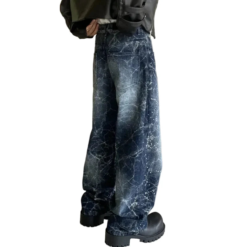 Blue Lightning Wash w/ Rhinestones Baggy Jeans