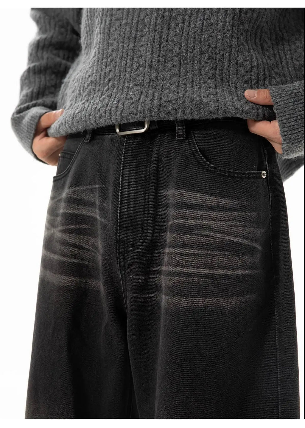 Whiskered Black Baggy Jeans