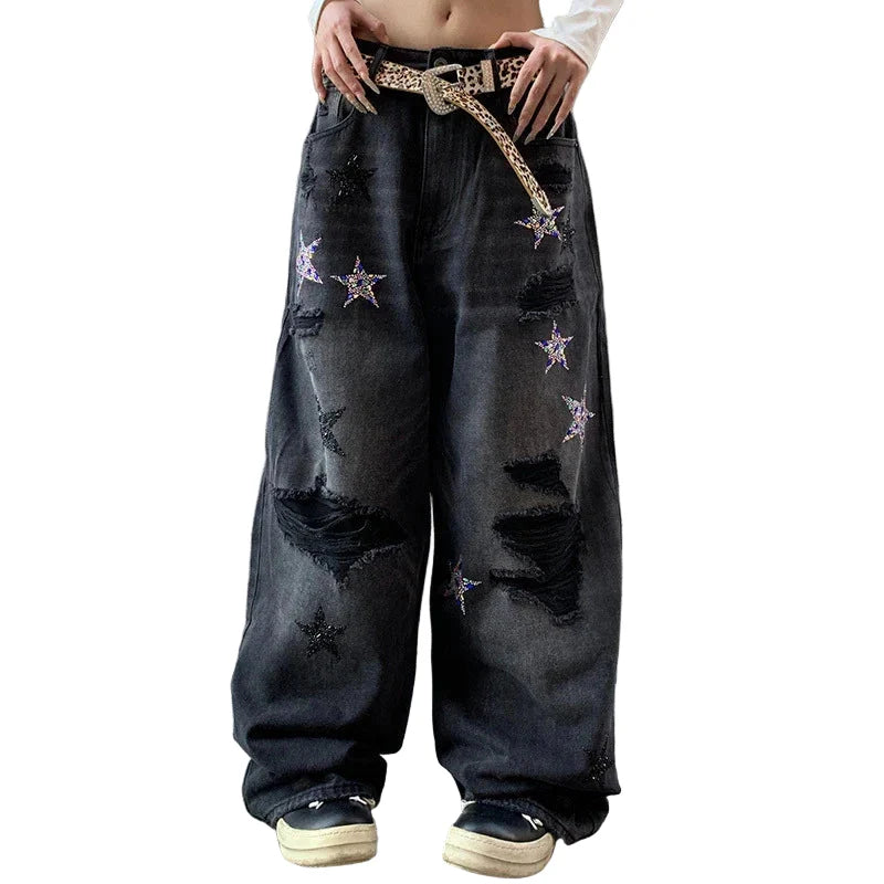 Black Embroidered Star Baggy Jeans