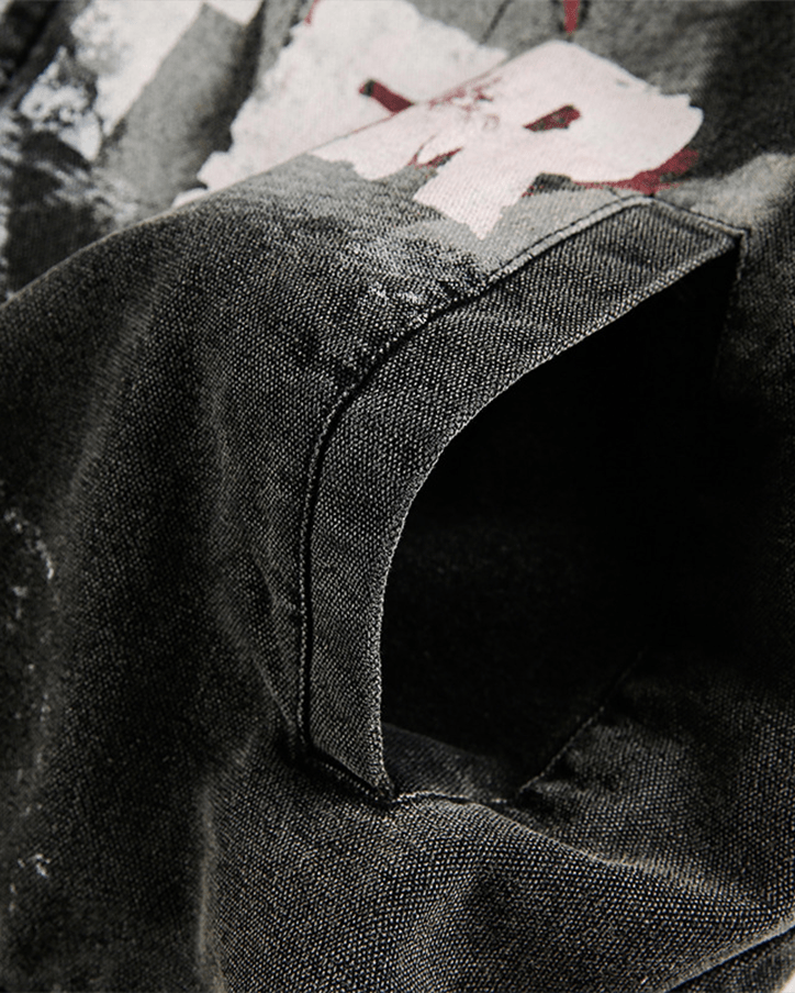 Washed Denim Graffiti Jacket with Contrast Collar