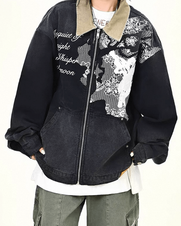 Angel Graphic Embroidered Vintage Washed Jacket